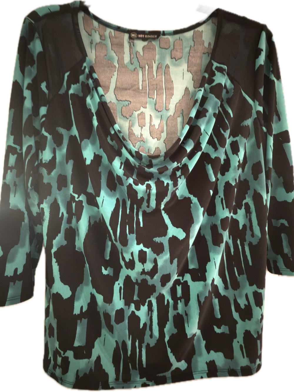 Teal and Black Cowl-Neck 3/4 Sleeve Blouse